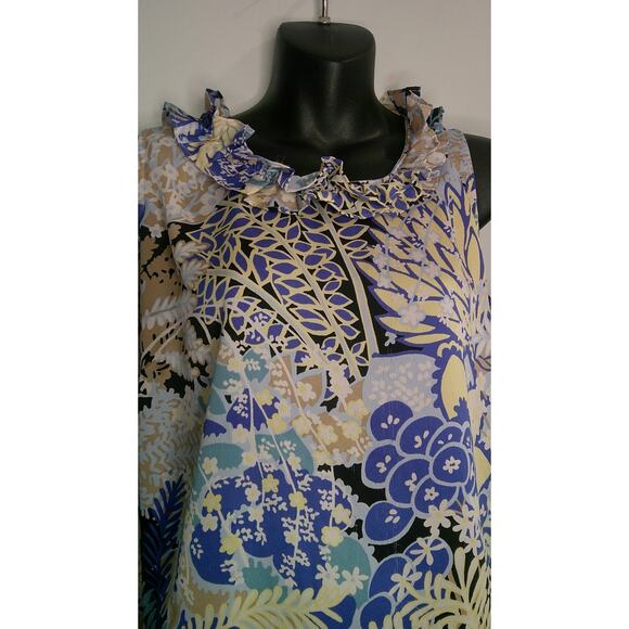 Talbots 2X Petite Ruffle Neck Blue Yellow Tan Sleeveless Blouse - Picture 3 of 6